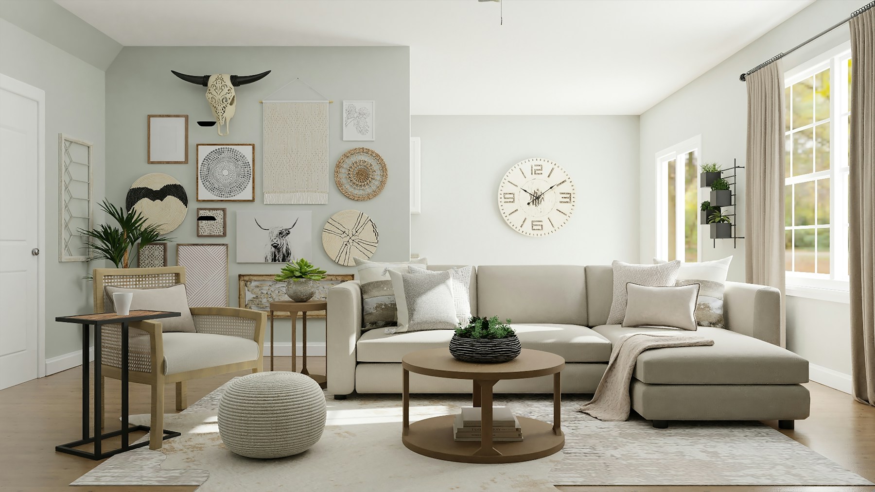 Warm, sunlit living room with sculptural neutral furnishings